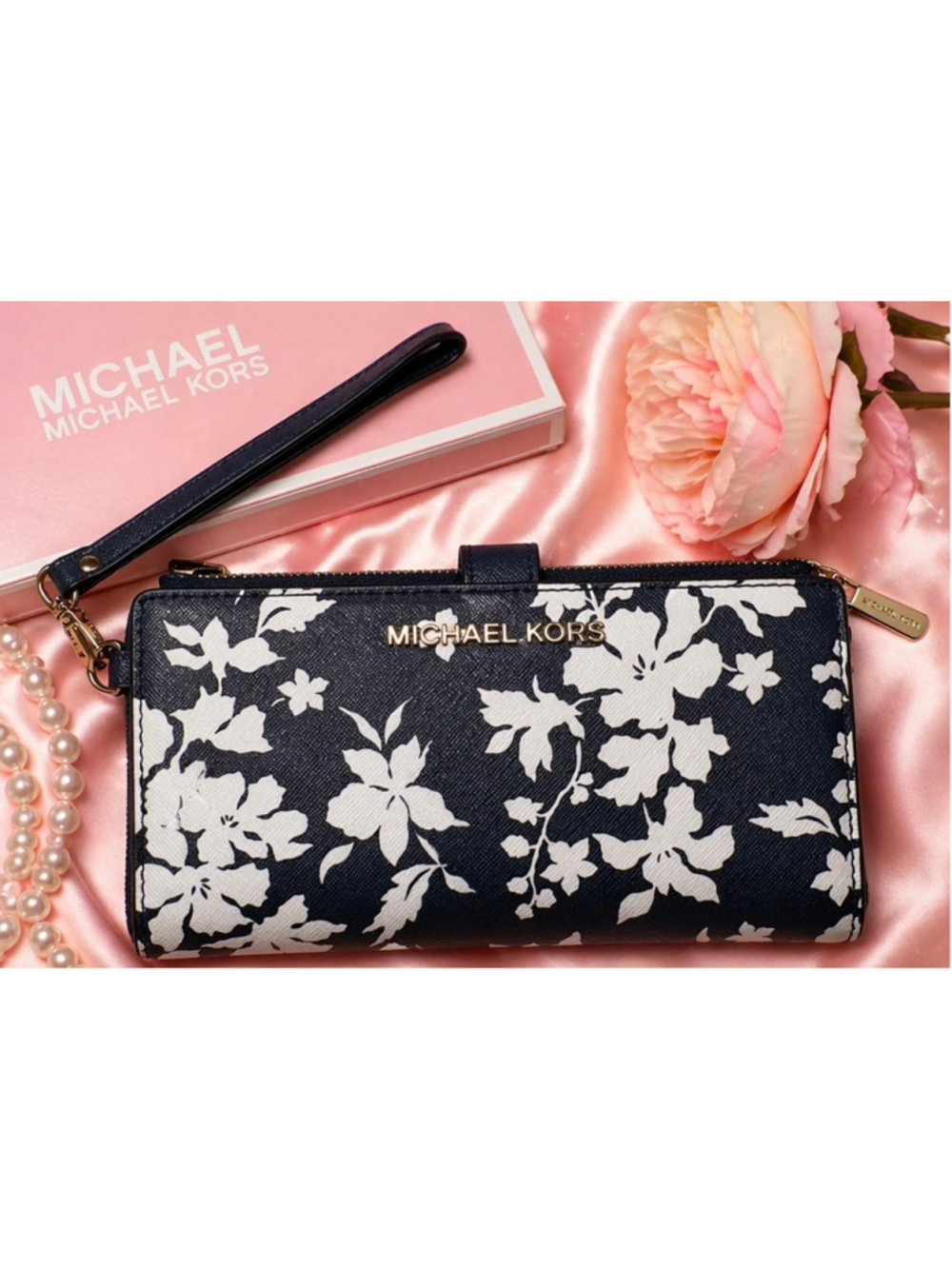 Michael Kors Navy Floral Wallet Wristlet Saffiano Leather